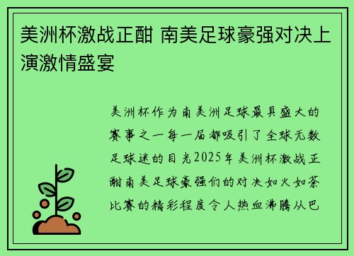 美洲杯激战正酣 南美足球豪强对决上演激情盛宴