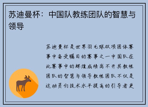 苏迪曼杯：中国队教练团队的智慧与领导